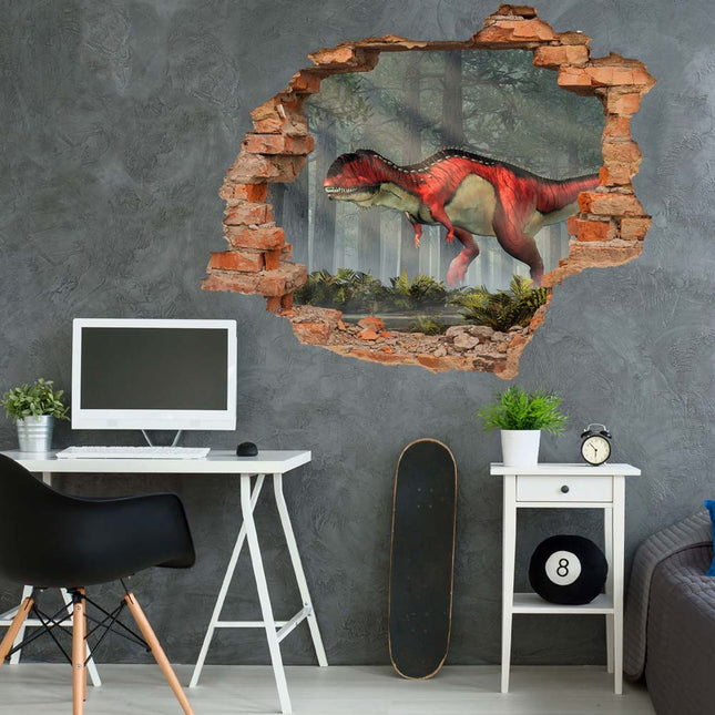 Wandaufkleber Wandtattoo in Form eines Wanddurchbruchs  mit einem Dinosaurier Rajasaurus als Hauptbild im modernen Jugendzimmer