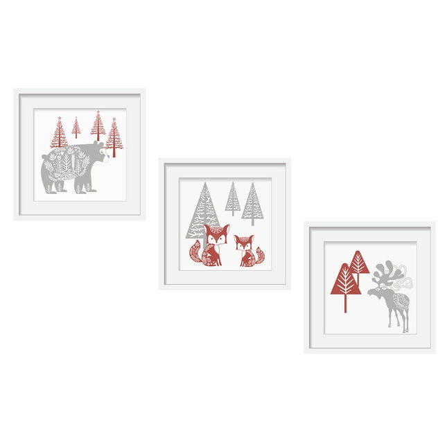 Posterset bestehend aus 3 inspirierte skandinavische Motive eines Bären, Füchse und einem Reh.