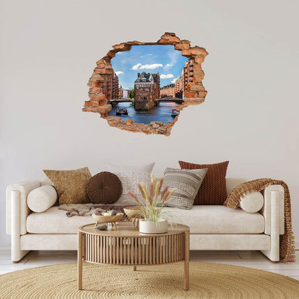 Wandaufkleber Wandtattoo in Form eines Wanddurchbruchs  von Hamburg Speicherstadt als Hauptbild im Wohnzimmer über dem Sofa