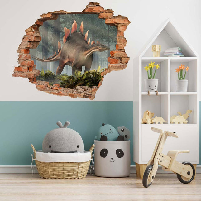 Wandaufkleber Wandtattoo in Form eines Wanddurchbruchs  mit einem Dinosaurier Stegosaurus als Hauptbild im Kinderzimmer in der Spieleecke