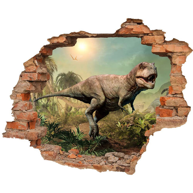 Wandaufkleber Wandtattoo in Form eines Wanddurchbruchs  von einem Dinosaurier Tyrannosaurus Rex als Hauptbild