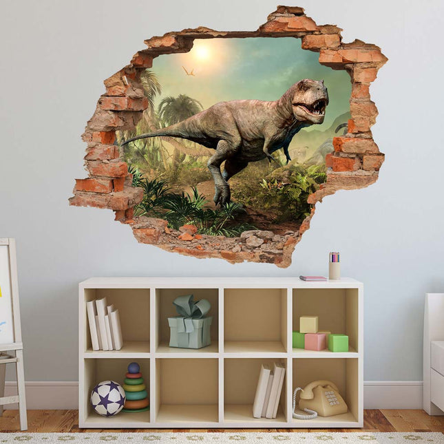 Wandaufkleber Wandtattoo in Form eines Wanddurchbruchs  von einem Dinosaurier Tyrannosaurus Rex als Hauptbild im Kinderzimmer über dem Spielzeugregal