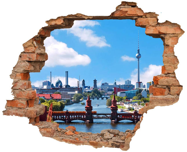 Wandaufkleber Wandtattoo in Form eines Wanddurchbruchs von der Berliner Skyline mit Fernsehturm und Oberbaumbrücke als Hauptbild