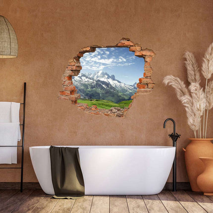 Wandaufkleber Wandtattoo in Form eines Wanddurchbruchs mit Blick auf die Berge über der Badewanne