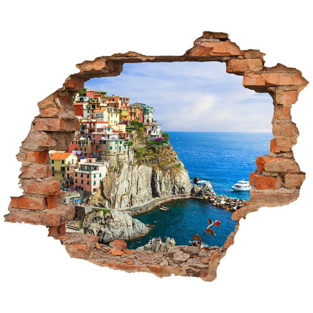 Wandaufkleber Wandtattoo in Form eines Wanddurchbruchs  mit Sicht auf die Bucht von Cinque Terre als Hauptbild