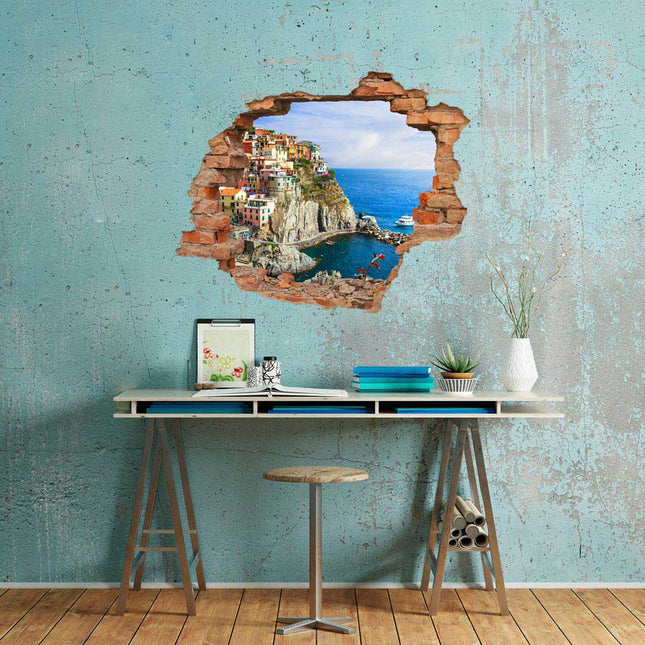 Wandaufkleber Wandtattoo in Form eines Wanddurchbruchs  mit Sicht auf die Bucht von Cinque Terre als Hauptbild über einem Schreibtisch