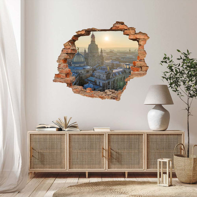 Wandaufkleber Wandtattoo in Form eines Wanddurchbruchs  von Dresden als Hauptbild über einer Kommode
