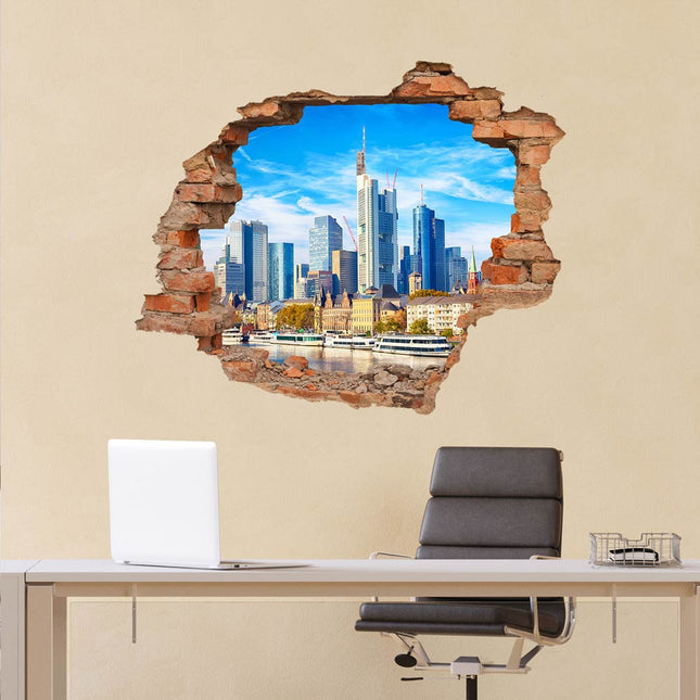 Wandaufkleber Wandtattoo in Form eines Wanddurchbruchs  von Frankfurt am Main als Hauptbild im Büro über dem Schreibtisch