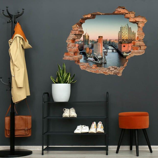Wandaufkleber Wandtattoo in Form eines Wanddurchbruchs  vom Hamburger Hafen als Hauptbild in der Garderobe