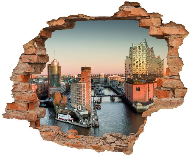 Wandaufkleber Wandtattoo in Form eines Wanddurchbruchs  vom Hamburger Hafen als Hauptbild