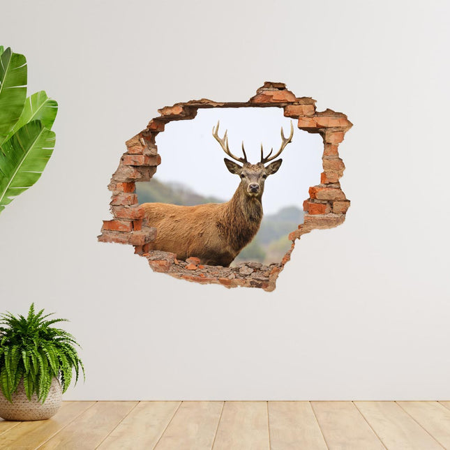 Wandaufkleber Wandtattoo in Form eines Wanddurchbruchs  von einem Hirsch als Hauptbild im Flur