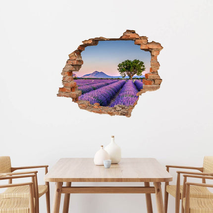Wandaufkleber Wandtattoo in Form eines Wanddurchbruchs  von einem Lavendelfeld als Hauptbild über dem Esstisch