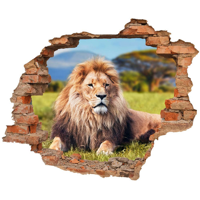 Wandaufkleber Wandtattoo in Form eines Wanddurchbruchs  von einem Löwen als Hauptbild