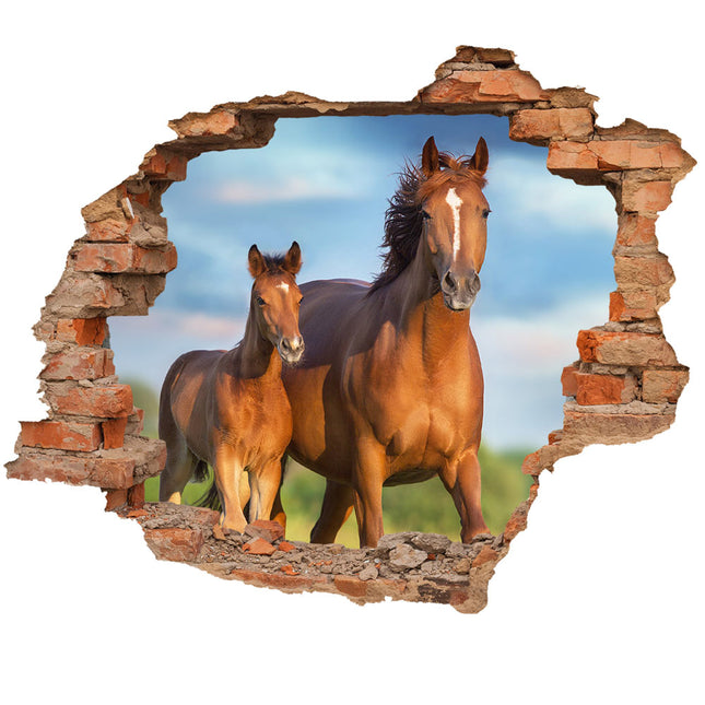 Wandaufkleber Wandtattoo in Form eines Wanddurchbruchs  von einem Pferd mit Fohlen als Hauptbild