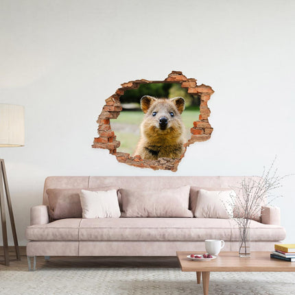 Wandaufkleber Wandtattoo in Form eines Wanddurchbruchs  mit einem Quokka als Hauptbild im Wohnzimmer über dem Sofa
