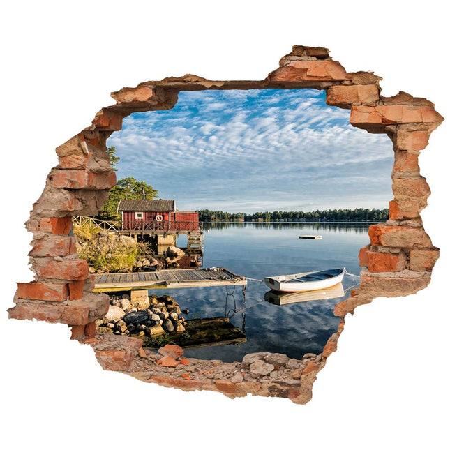 Wandaufkleber Wandtattoo in Form eines Wanddurchbruchs  mit Seeufer in Schweden als Hauptbild