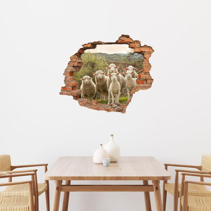 Wandaufkleber Wandtattoo in Form eines Wanddurchbruchs  mit Schafen als Hauptbild über dem Esstisch