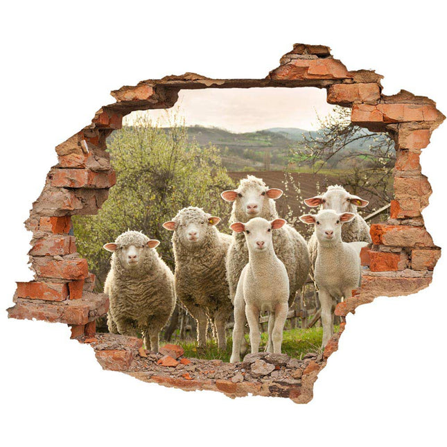 Wandaufkleber Wandtattoo in Form eines Wanddurchbruchs  mit Schafen als Hauptbild