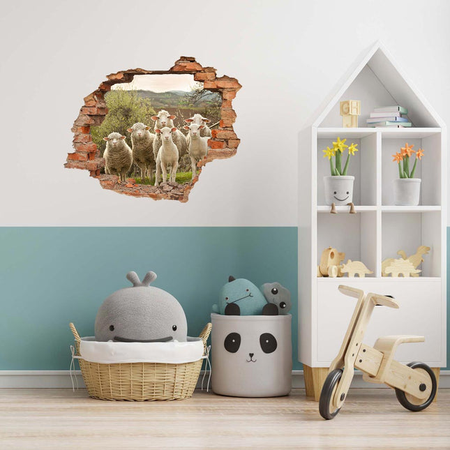Wandaufkleber Wandtattoo in Form eines Wanddurchbruchs  mit Schafen als Hauptbild im Kinderzimmer in der Spieleecke