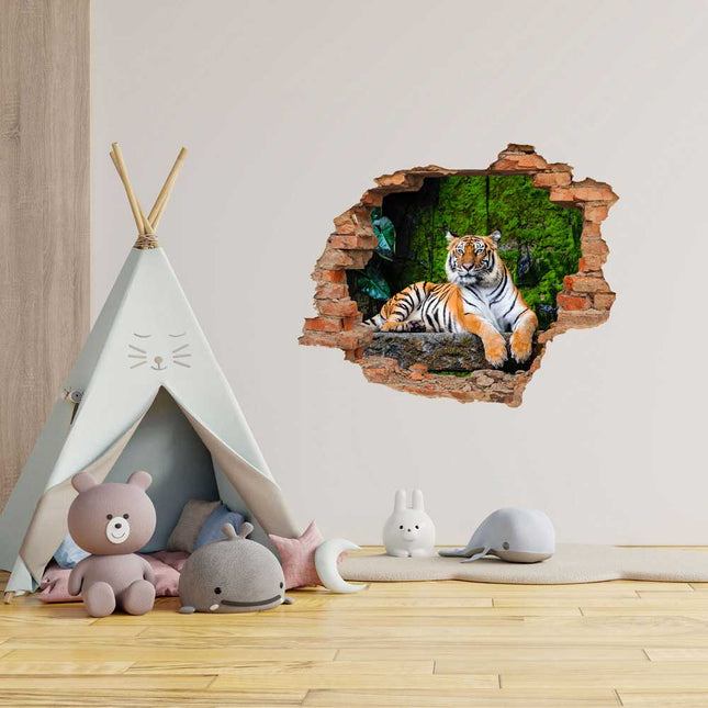 Wandaufkleber Wandtattoo in Form eines Wanddurchbruchs  von einem Tiger als Hauptbild im Kinderzimmer in der Spieleecke