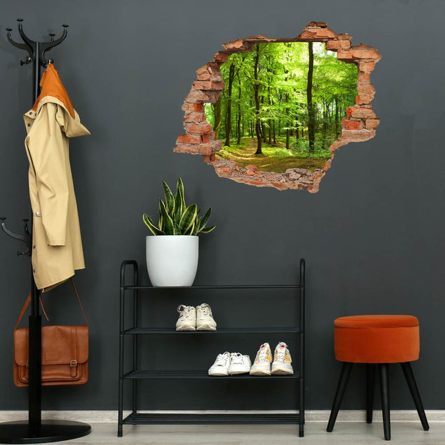 Wandaufkleber Wandtattoo in Form eines Wanddurchbruchs  vom grünen Wald als Hauptbild im Flur in der Garderobe