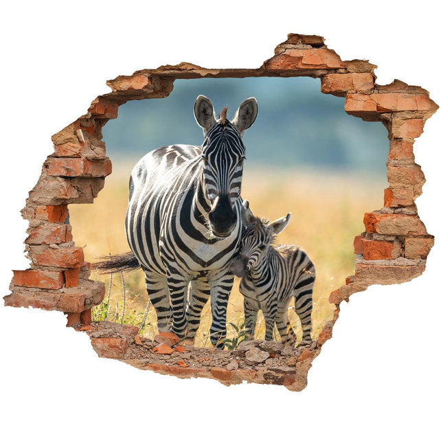 Wandaufkleber Wandtattoo in Form eines Wanddurchbruchs  von einem Zebra mit Fohlen als Hauptbild