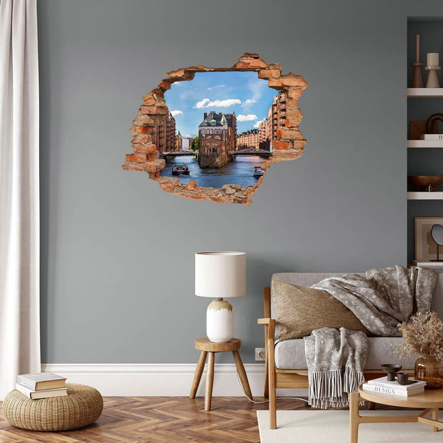 Wandaufkleber Wandtattoo in Form eines Wanddurchbruchs  von Hamburg Speicherstadt als Hauptbild im Wohnzimmer