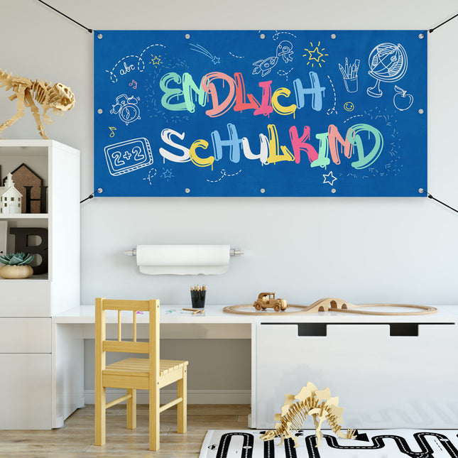 Banner zur Einschulung "Endlich Schulkind" in 3 verschiedenen Größen. Zur Dekoration in der Kita oder der Schule.
