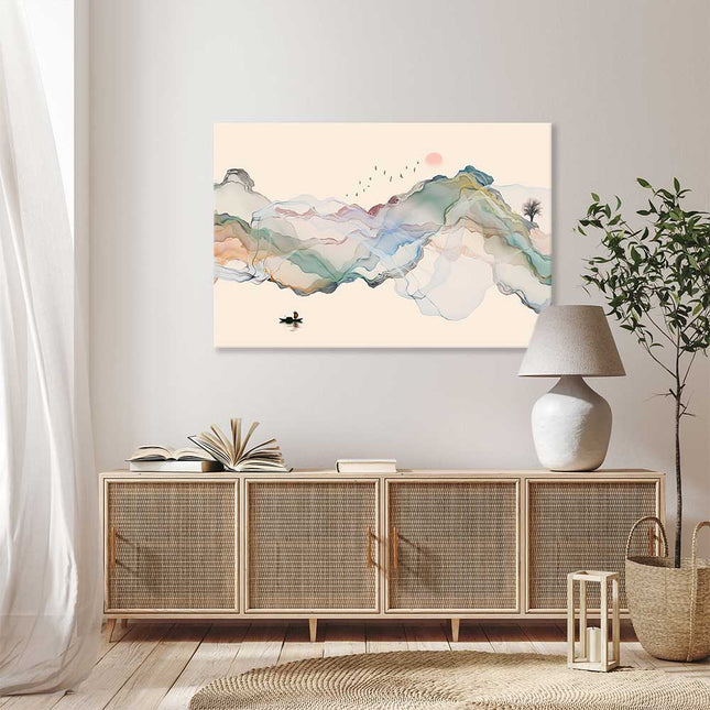 Dekoratives Leinwandbild mit abstrakter Tintenlandschaft im Wohnzimmer