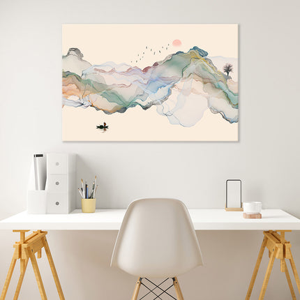 Leinwand Abstrakte Tintenlandschaft in zarten Aquarelltönen zeigen Fluss und Berge auf weißem Untergrund über dem Schreibtisch.
