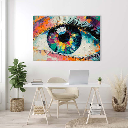 Wandbild mit dem Motiv das Auge im Stil eines Ölgemäldes, farbintensiv ein absoluter Hingucker in einem Büro hinter dem Schreibtisch.