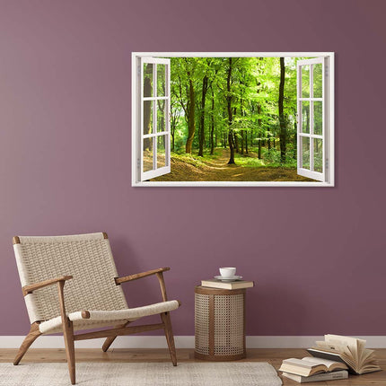 Leinwandbild_Fensterblick_Wald_über_modernem_Sessel_lila_Wand