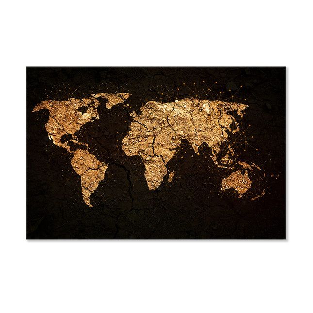 Elegantes Leinwandbild mit Weltkartenmotiv in goldigen Sandtönen und dunklem Hintergrund