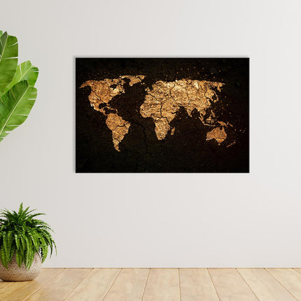 Eine Leinwand mit abstrakter Abbildung der Weltkarte in sandtönen. Tolle Dekoration für  Weltenbummler und Design-Liebhaber. Toll für Wartebereiche und Büros.