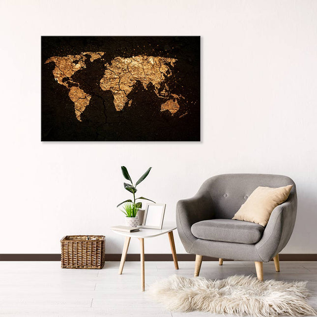 Diese exklusive Leinwand zeigt eine Weltkarte in texturierten Sandtönen die auf dem schwarzen Hintergrund fast wie Gold wirken.  Für Weltenbummler ein toller Hingucker in der Leseecke.