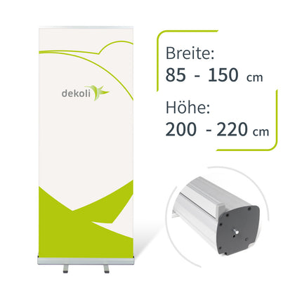 Ein modernes Roll-Up Banner von dekolli mit grünen abstrakten Formen und einer Breite von 85-150 cm sowie einer Höhe von 200-220 cm, neben einer Nahaufnahme seiner tragbaren silbernen Basis mit schwarzem Endkappe, symbolisch für Mobilität und einfache Installation.