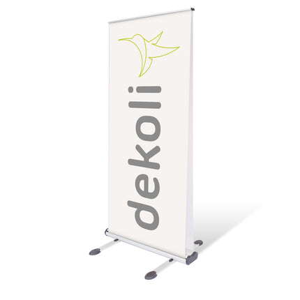 Dekoli Roll-Up Banner Double Outdoor mit grünen Kolibri Logo auf weißem Hintergrund. Inklusive beweglicher Stange und breiten Standfüßen für Ihre Werbepräsentation.
