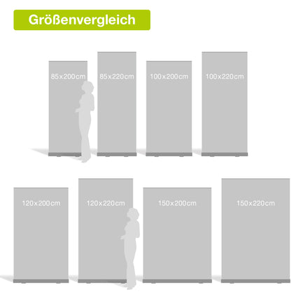 Größenvergleichstabelle von Roll-Up Bannern, mit Maßen von 85x200 cm bis 150x220 cm, visualisiert neben menschlichen Silhouetten zur Größendarstellung.