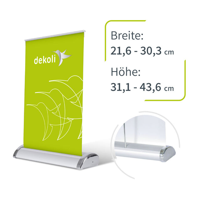 Kompaktes  Roll-Up Display "Mini" mit Druck. Hier als Beispiel in leuchtendem Grün, mit weißem Dekoli Logo. In DIN A4 oder DIN A3 mit Aluminium Standfuß in silber.