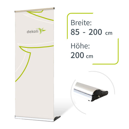 Flexibles dekolli Roll-Up Banner, einstellbar von 85 bis 200 cm Breite, mit einer Höhe von 200 cm, gezeigt mit einer kompakten Tragetasche, ideal für maßgeschneiderte Werbelösungen.