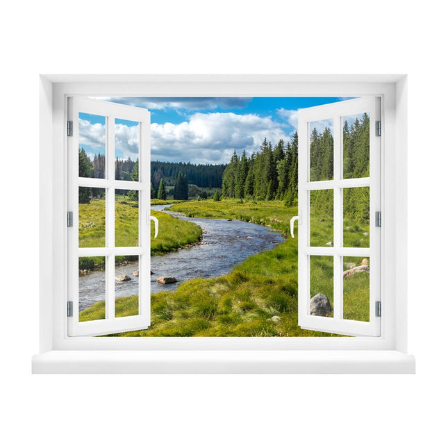 Unser selbstklebendes Wandtattoo "Berge und Fluss" mit Fenstermotiv bietet eine entspannende Aussicht auf eine grüne Landschaft und einem Fluss in den Bergen an einem sonnigen Tag.