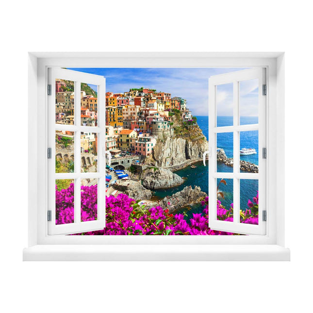 Bringen Sie die Schönheit der Cinque Terre in Ihr Zuhause! Unser selbstklebendes, in Form geschnittenes Wandtattoo mit Fenstermotiv zeigt eine entspannende Aussicht auf diese malerischen Küstendörfer, wo bunte Häuser an den Steilhängen über dem Meer thronen. Eine interessante Dekoration für Ihren Kurzurlaub daheim.