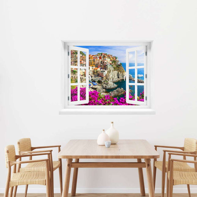 Entfliehen Sie in die bezaubernde Welt der Cinque Terre! Selbstklebendes Wandtattoo mit gedrucktem Fensterbild, platziert über einem Esstisch, bietet eine entspannende Aussicht auf die felsige Küste, das Meer und die farbenfrohen Häuser dieser italienischen Gemeinden.