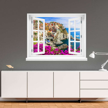 Genießen Sie die Atmosphäre der Cinque Terre in Ihrem Zuhause! Selbstklebendes Wandbild in Form eines weißen Fensters, angebracht im Flur über einer Kommode, präsentiert eine malerische Landschaft mit Blick auf die terrassenförmig angelegten Weinberge, das Meer und die charakteristischen Fischerboote.