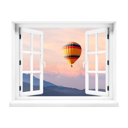 Tauchen Sie ein in die Stille der Berge zum Sonnenuntergang! Unser selbstklebendes Wandtattoo, geformt wie ein offenes Fenster, präsentiert die beruhigende Aussicht auf die Berglandschaft, während ein Heißluftballon darüber schwebt. Perfekt für eine interessante Dekoration und Kurzurlaubsträume.