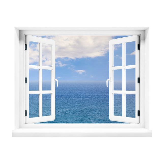 Erlebe die Magie des Meeres in deinem Zuhause! Unser selbstklebendes Wandbild mit Fenstermotiv präsentiert eine entspannende Aussicht auf das Meer und den strahlend blauen Himmel. Perfekt, um Urlaubsgefühle, Entspannung und Gelassenheit zu genießen.