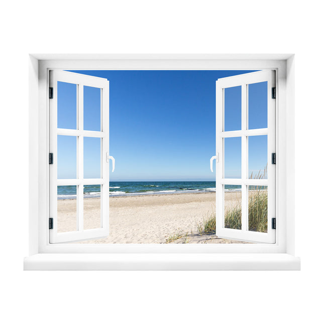 Genieße die Ruhe der Ostsee in deinem Wohnzimmer! Unser selbstklebendes Wandbild mit Fenstermotiv präsentiert eine entspannende Aussicht auf den traumhaften Ostseestrand, das Meer und die sanften Wellen unter strahlend blauem Himmel. Die ideale Dekoration für Urlaubsstimmung und Entspannung.