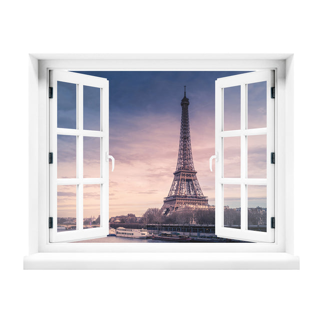 Erwecken Sie die Magie von Paris in Ihrem Zuhause! Unser selbstklebendes Wandbild mit Fenstermotiv präsentiert eine romantische Aussicht auf den Eiffelturm, gehüllt in ein lila-blaues Licht. Die ideale Dekoration, um Ferne und Romantik zu erleben.
