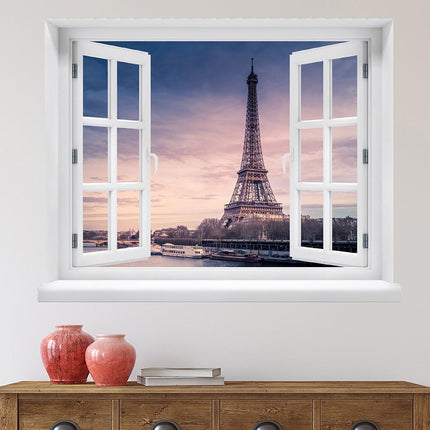 Wandaufkleber mit Blick auf den Pariser Eiffelturm durch ein geöffnetes, weißes Fenster, aufgehangen über einer Kommode z.B. im Flur. Erweckt die Illusion, inmitten dieser schönen Stadt zu leben.