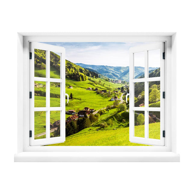 Lassen Sie sich von der verträumten Schönheit des Schwarzwaldes verzaubern! Unser selbstklebendes Wandbild in Form eines geöffneten Fensters bietet eine faszinierende Illusion mit Blick auf ein malerisches Tal mit Wohnhäusern im Sonnenschein. Die ideale Dekoration, um Ruhe, Urlaubsgefühle und malerische Landschaften zu genießen.
